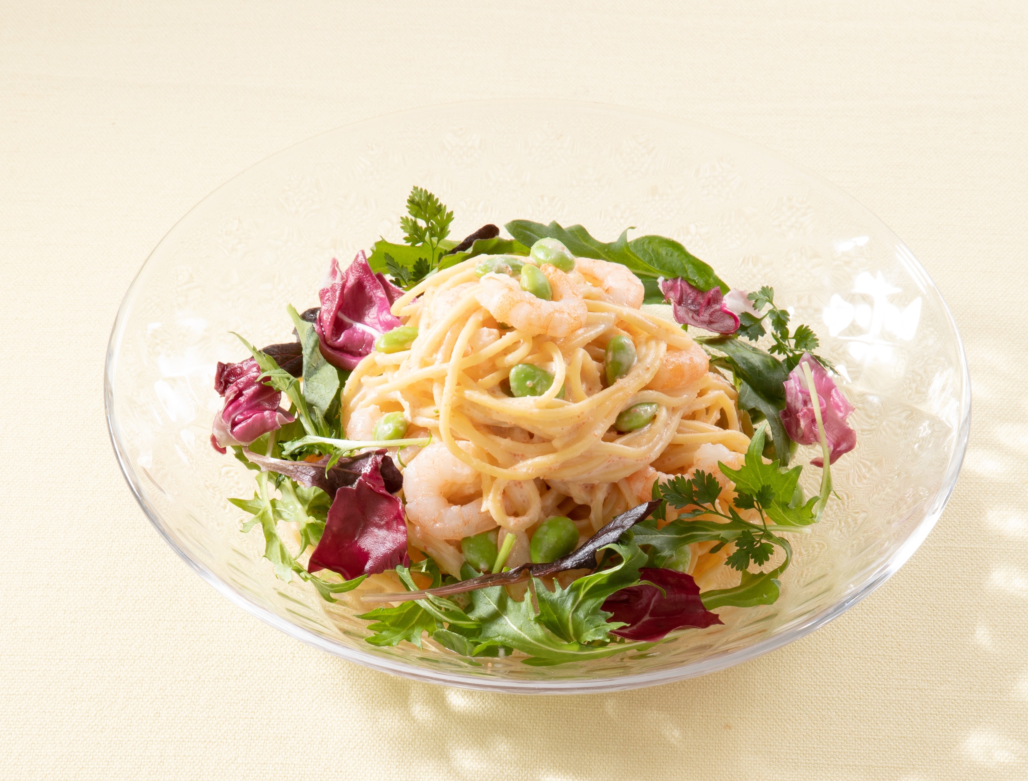 枝豆とエビの冷製めんたいクリームパスタ